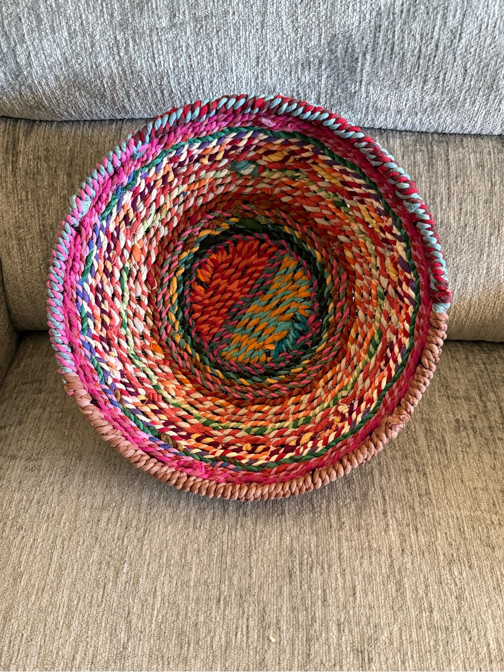 Handwoven Multicolor Storage Basket with Pink Accents